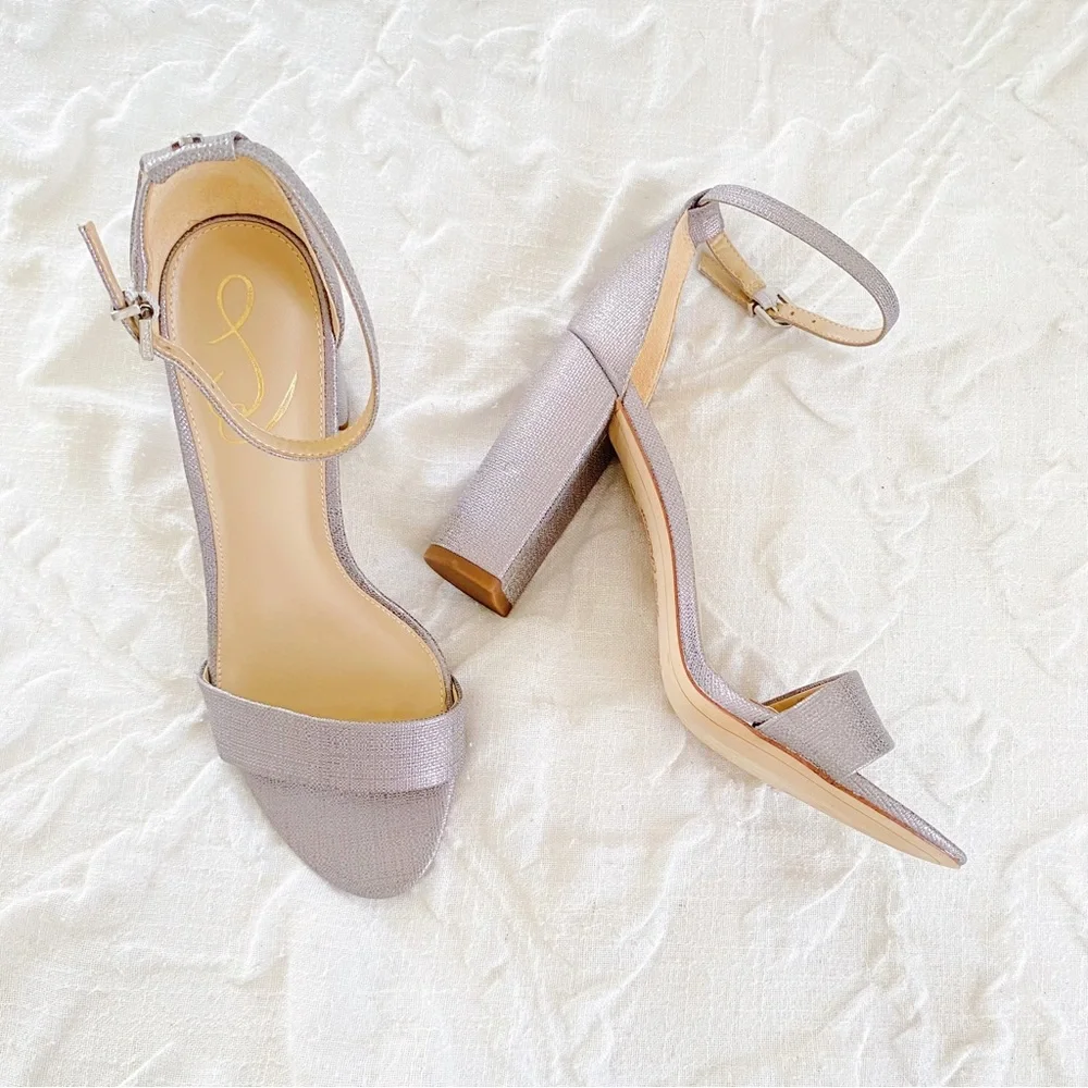 Sam Edelman Silver Textured Ankle-Strap Block Heel Sandals